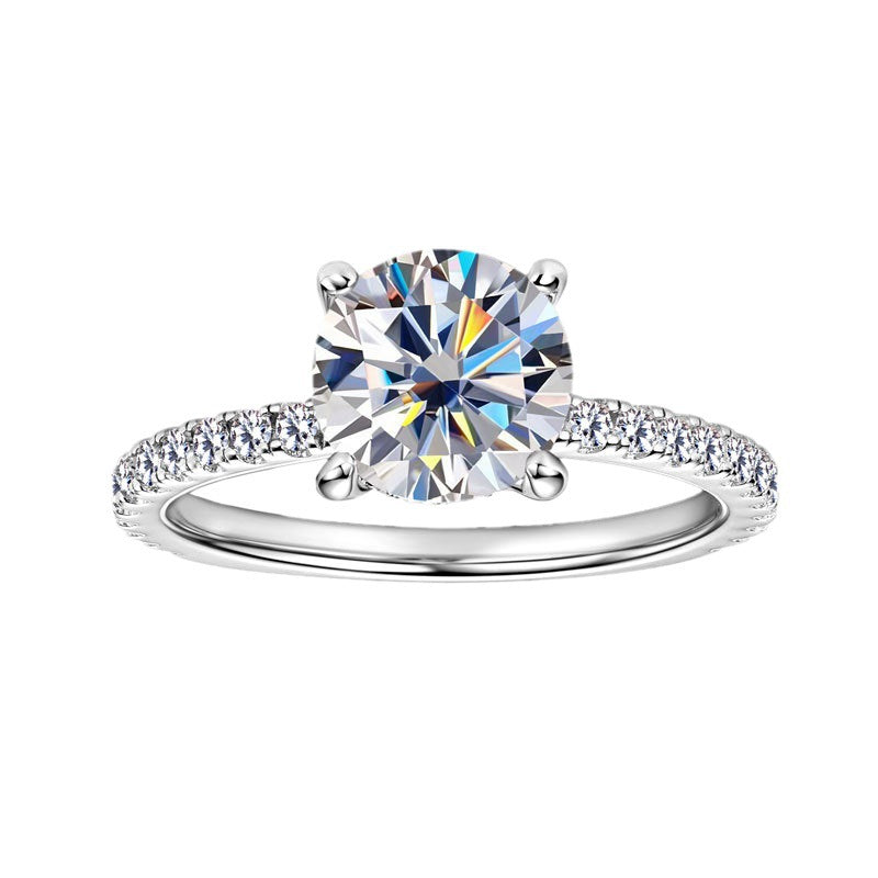 2.0ct D Color VVS1 Round Moissanite Four-Prong Pavé Solitaire Ring