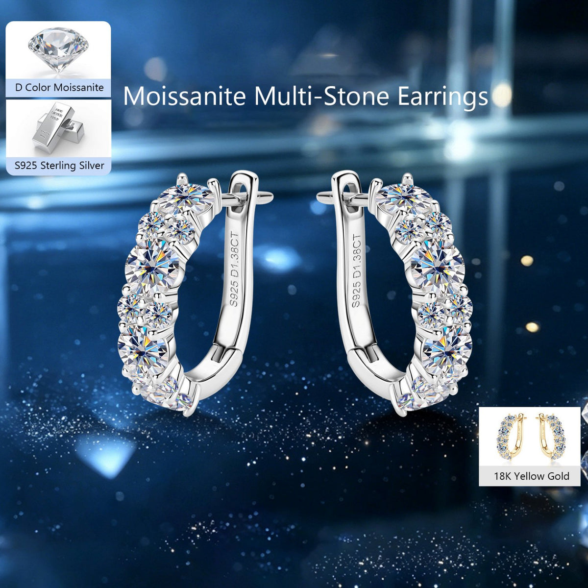 Contemporary D Color VVS1 Moissanite Multi-Stone Huggie Hoop Earrings