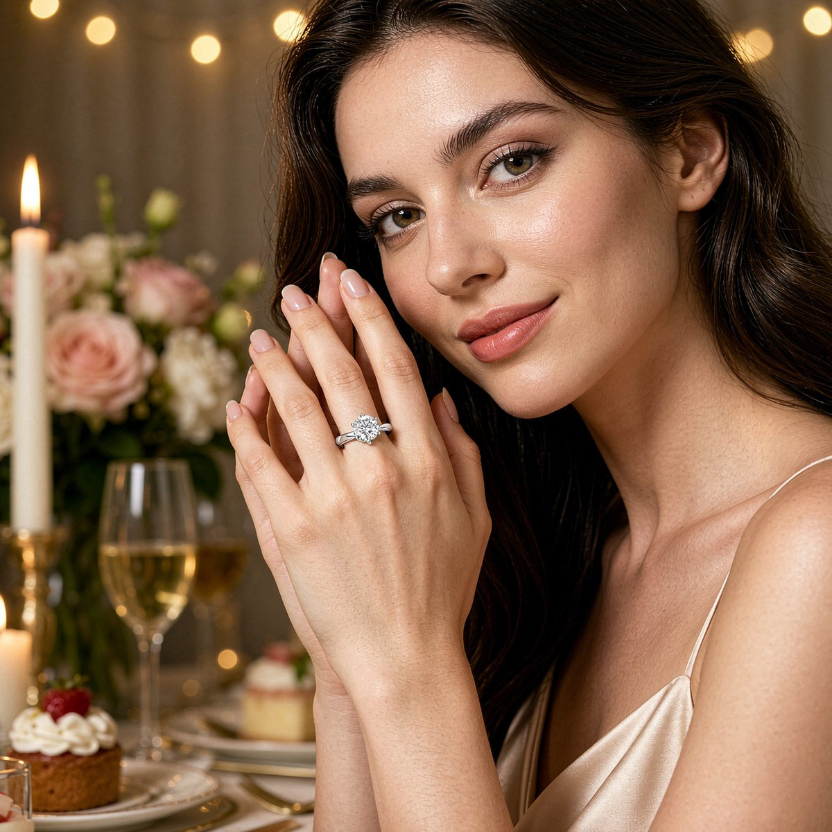 Woman wearing round moissanite engagement ring at candlelight dinner, romantic scene