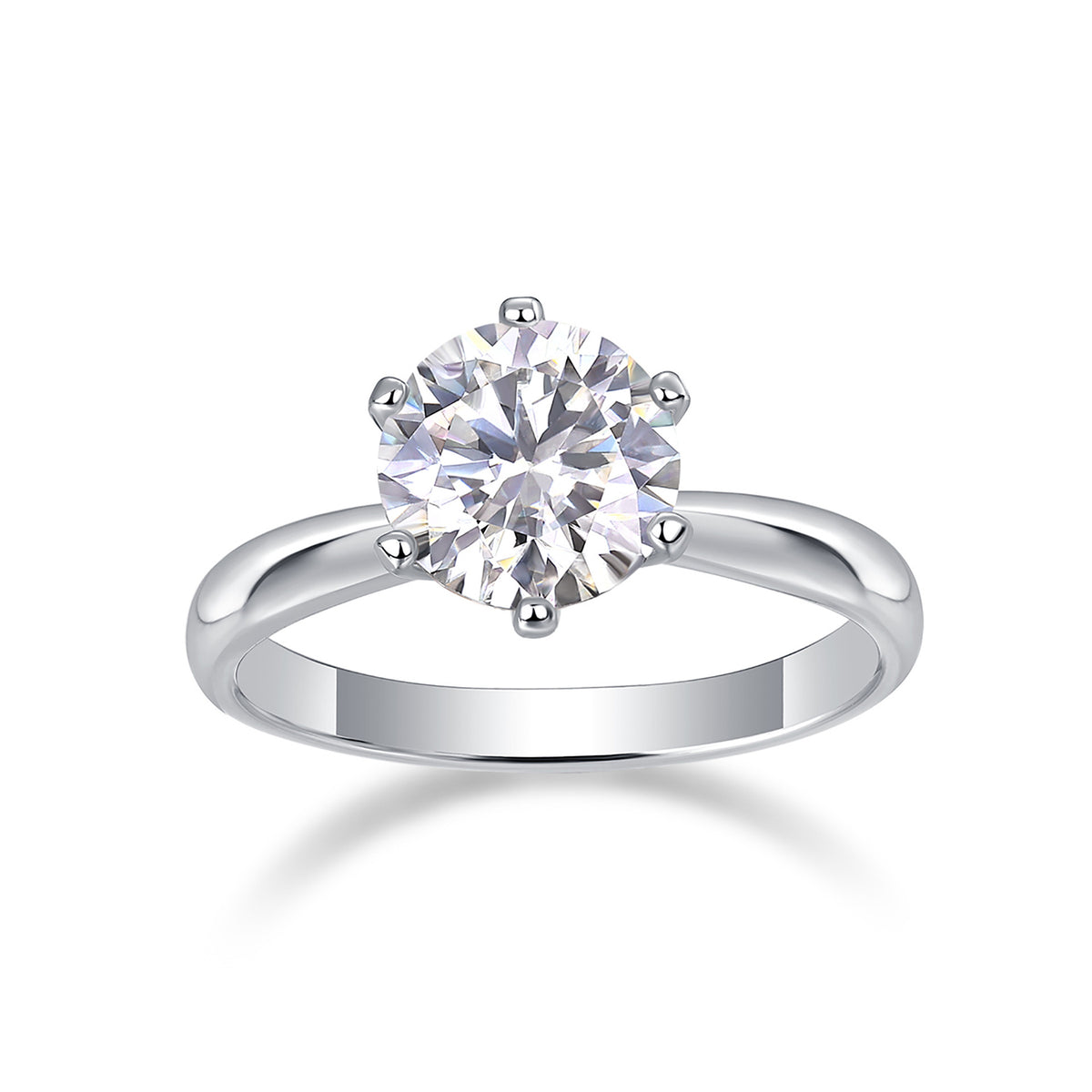 Soeverly round D color VVS1 moissanite ring, front view on white background